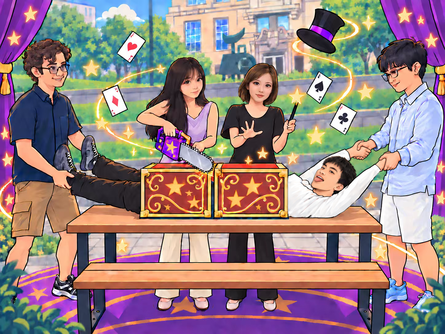 Cartoon of the authors performing the sawing-a-person-in-half trick on a picnic table.